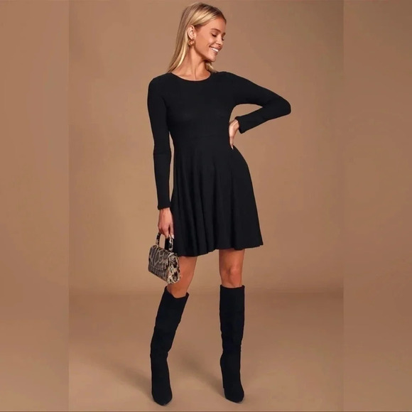 NWT Lulus Fit and Fair Black Ribbed Knit Long Sleeve Skater Dress Sz Large - Picture 2 of 14